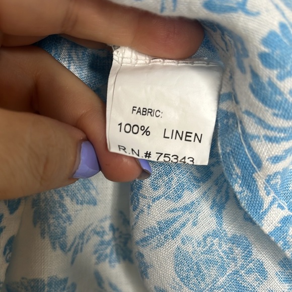 Bellaumbra Blue White Floral Linen Short Sleeve Blouse Women Size M - Picture 3 of 5